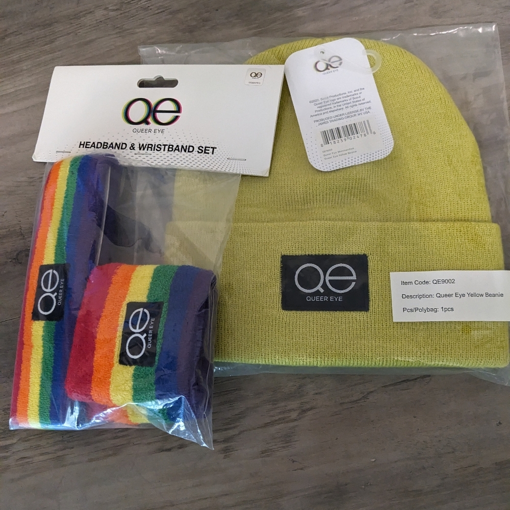 Queer Eye yellow beanie headband wristband set nwt